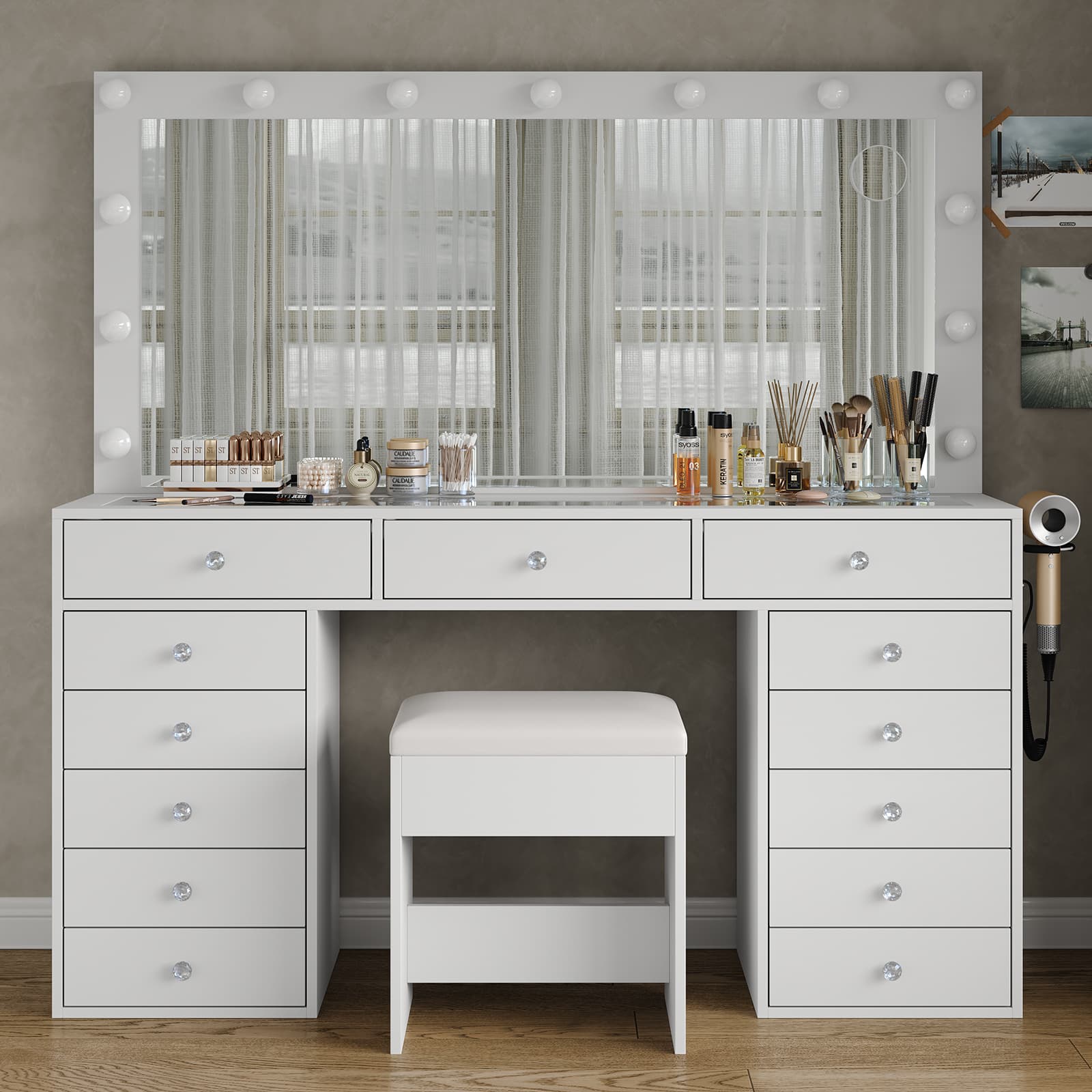 Vektaya US-VD016 Bedroom Makeup Vanity desk with LED Mirror, 13 Drawers