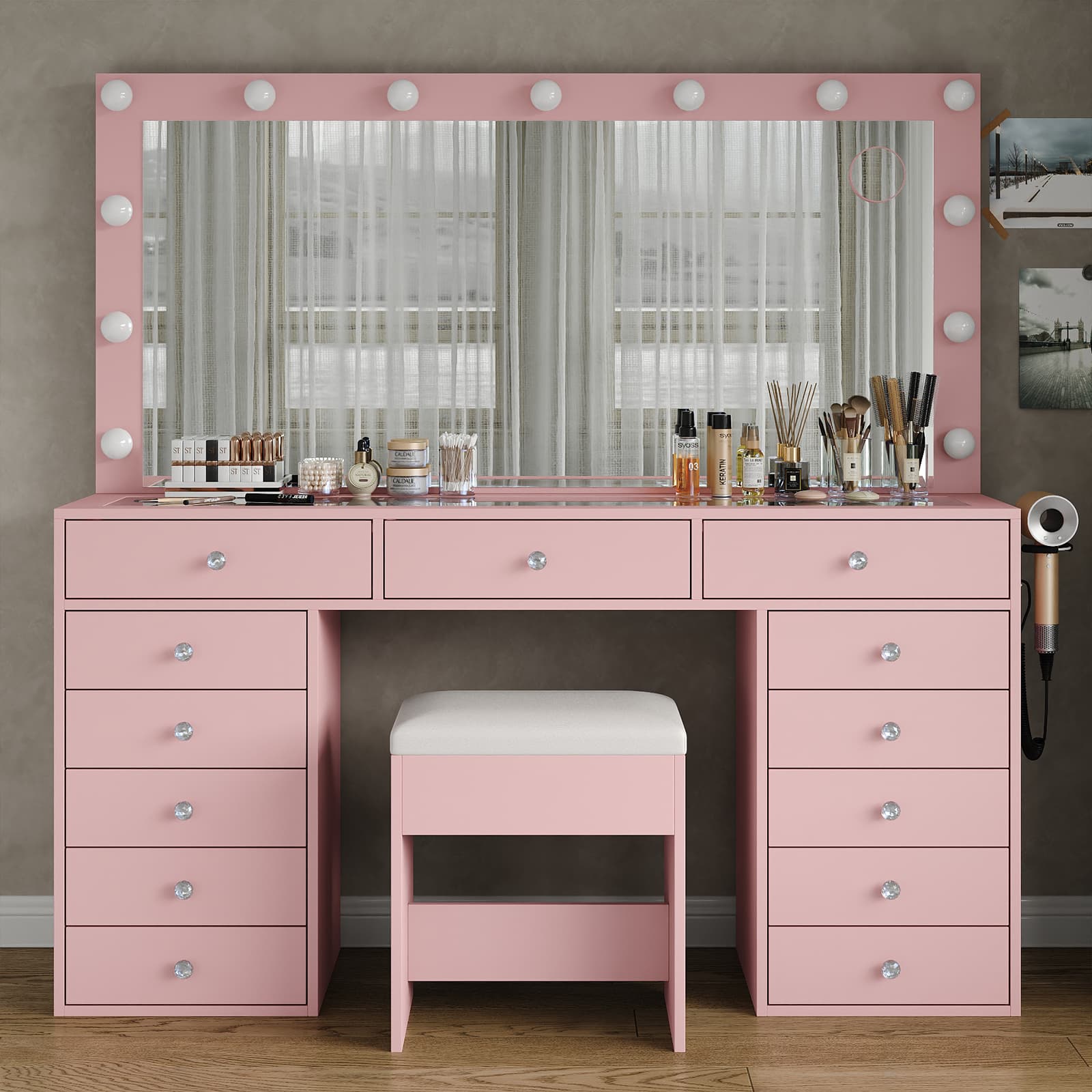 Vektaya US-VD016 Bedroom Makeup Vanity desk with LED Mirror, 13 Drawers